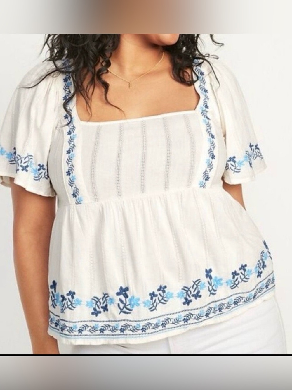 NWT Old Navy 3XL Ivory Peasant Top Blue Embroidered Flutter Sleeve Square Neck